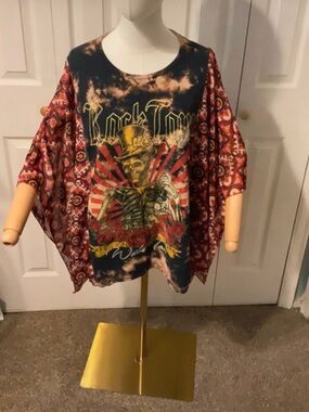 Rock Tour Skeleton Tie Dye Upcycled Graphic T-Shirt With Flowy Sleeves OSFM